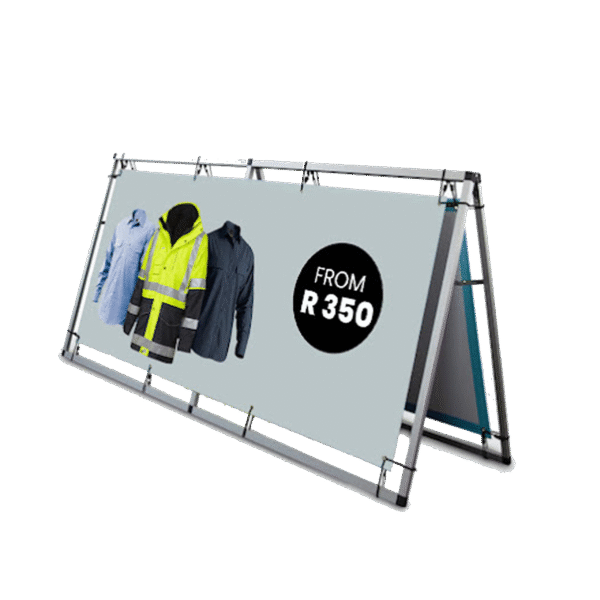 Custom A-frame banner display shown in an outdoor cafe setting with additional images showing it at a farmer's market, inside a boutique, and as a real estate open house sign. Features include a black frame and interchangeable custom printed graphics.